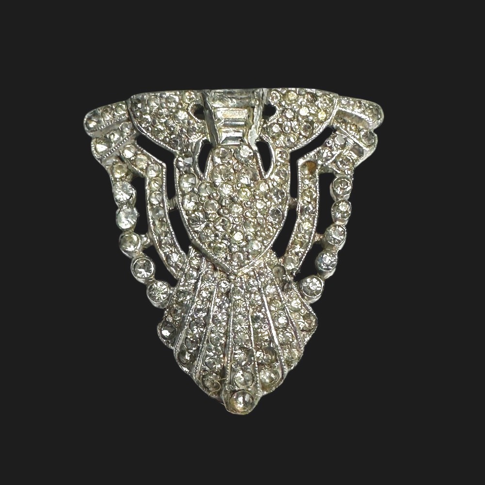Vintage Art Deco Rhinestone Dress Clip Silver Tone Geometric Shield Fur Clip
